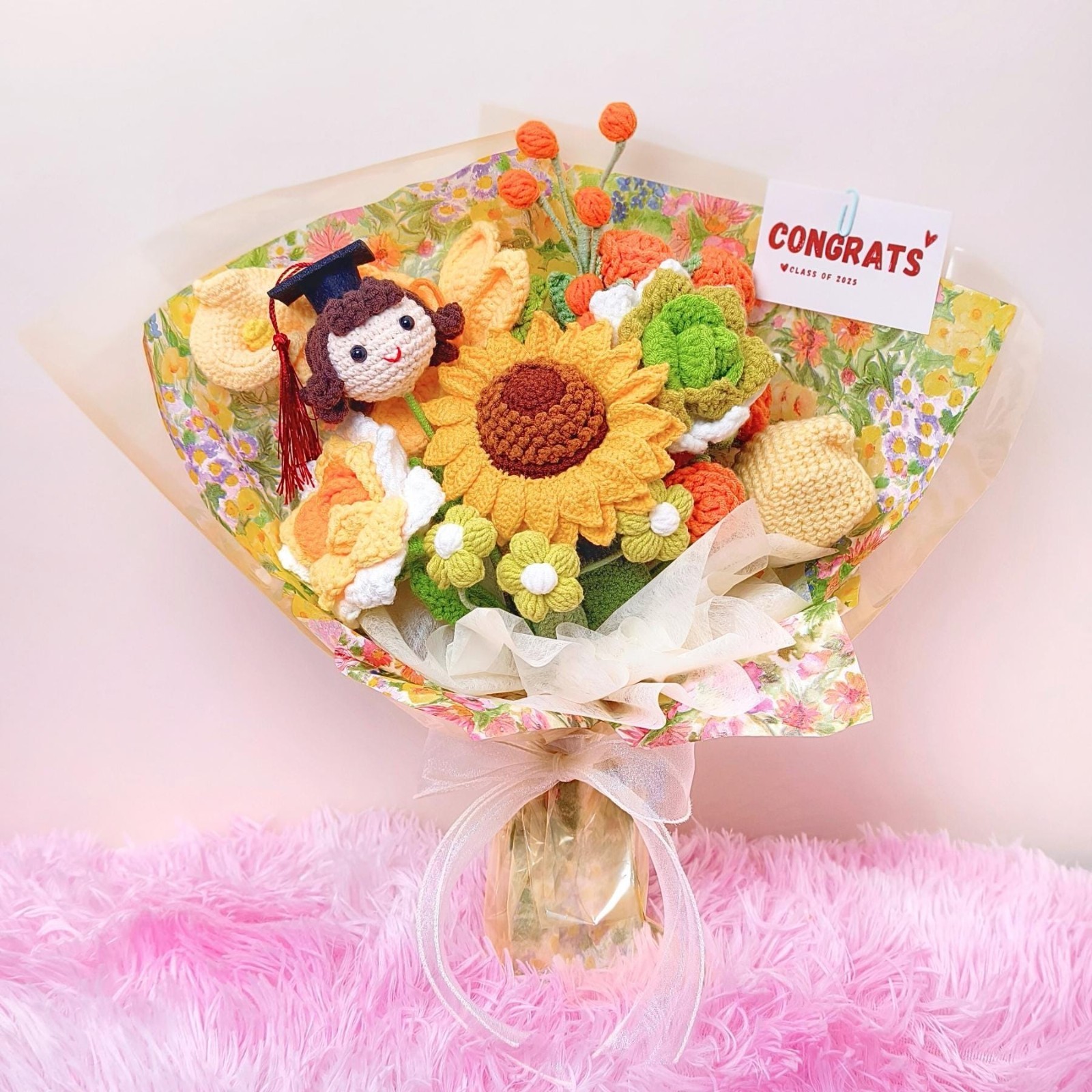 Crochet Sunflower Graduation Doll Bouquet Handmade Graduate Gift Daughter Gift