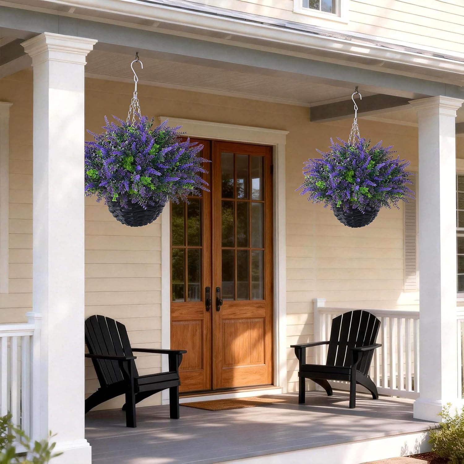2 Sets Artificial Lavende & Eucalyptus Leaves Hanging Basket for Outdoor,Uv-Resi