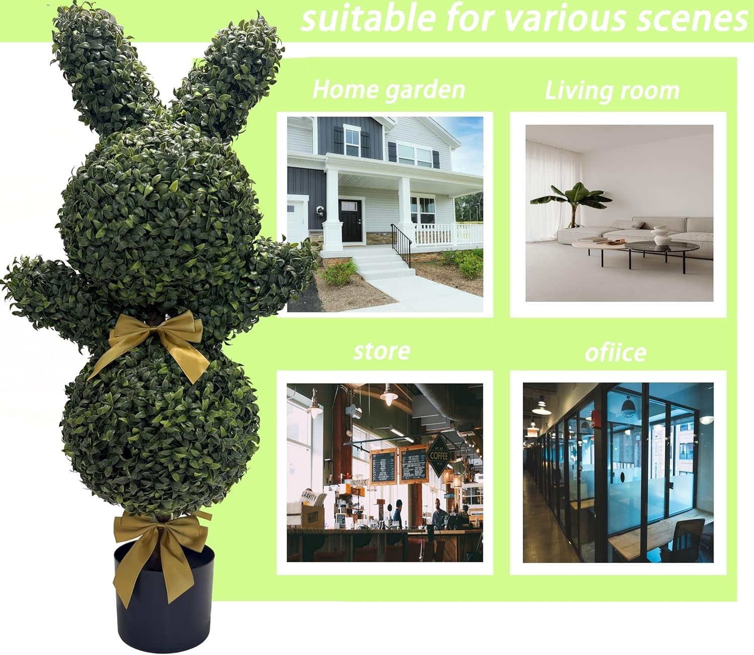 36” Artificial Bunny-Shaped Topiary Double Ball Tree Pot UV-Resistant Bowknot