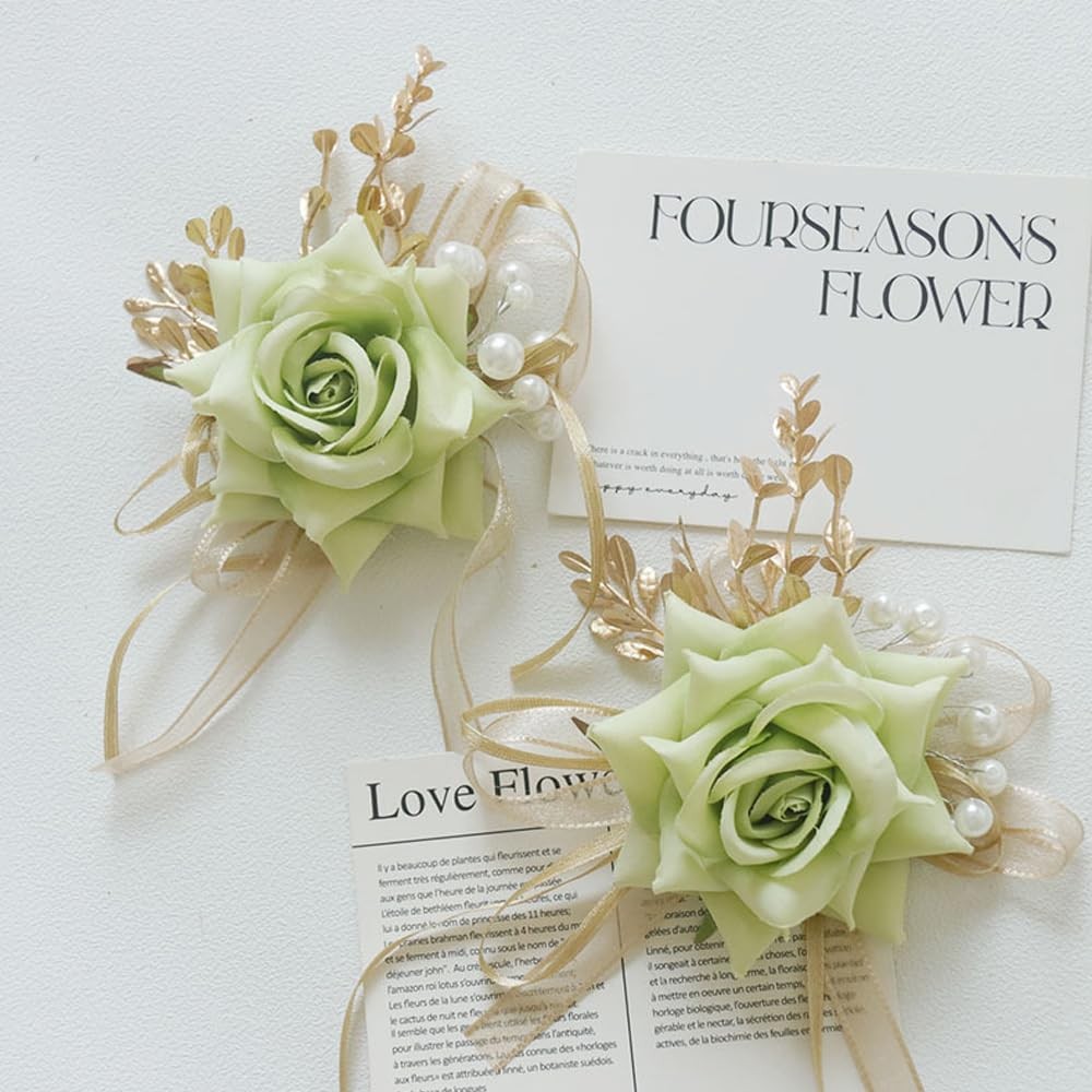 2 PCS Light Green Wrist Corsage Boutonniere Set Artificial Flowers Prom Wed