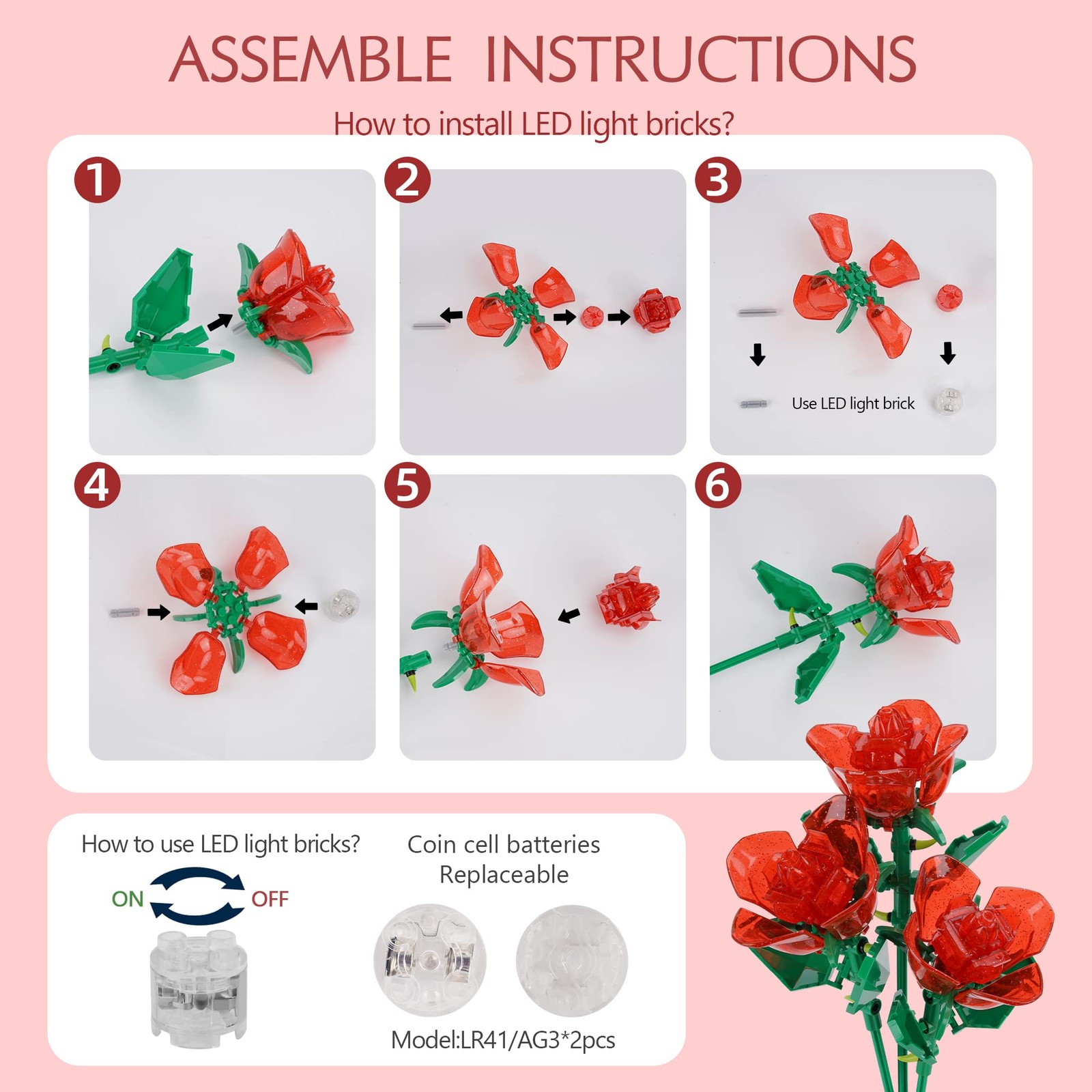 Rose Flower Bouquet Building Set with Lights,Artificial Plant Cute Botanical …