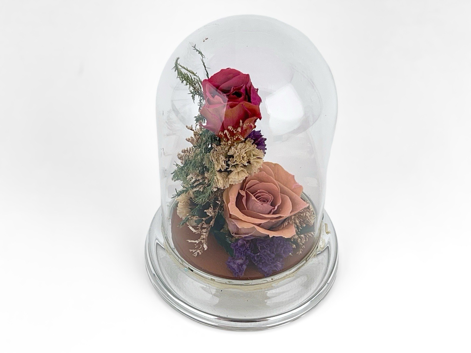 Vintage Dried Pink Rose Flower Arrangement Preserved in 5″ Glass Dome