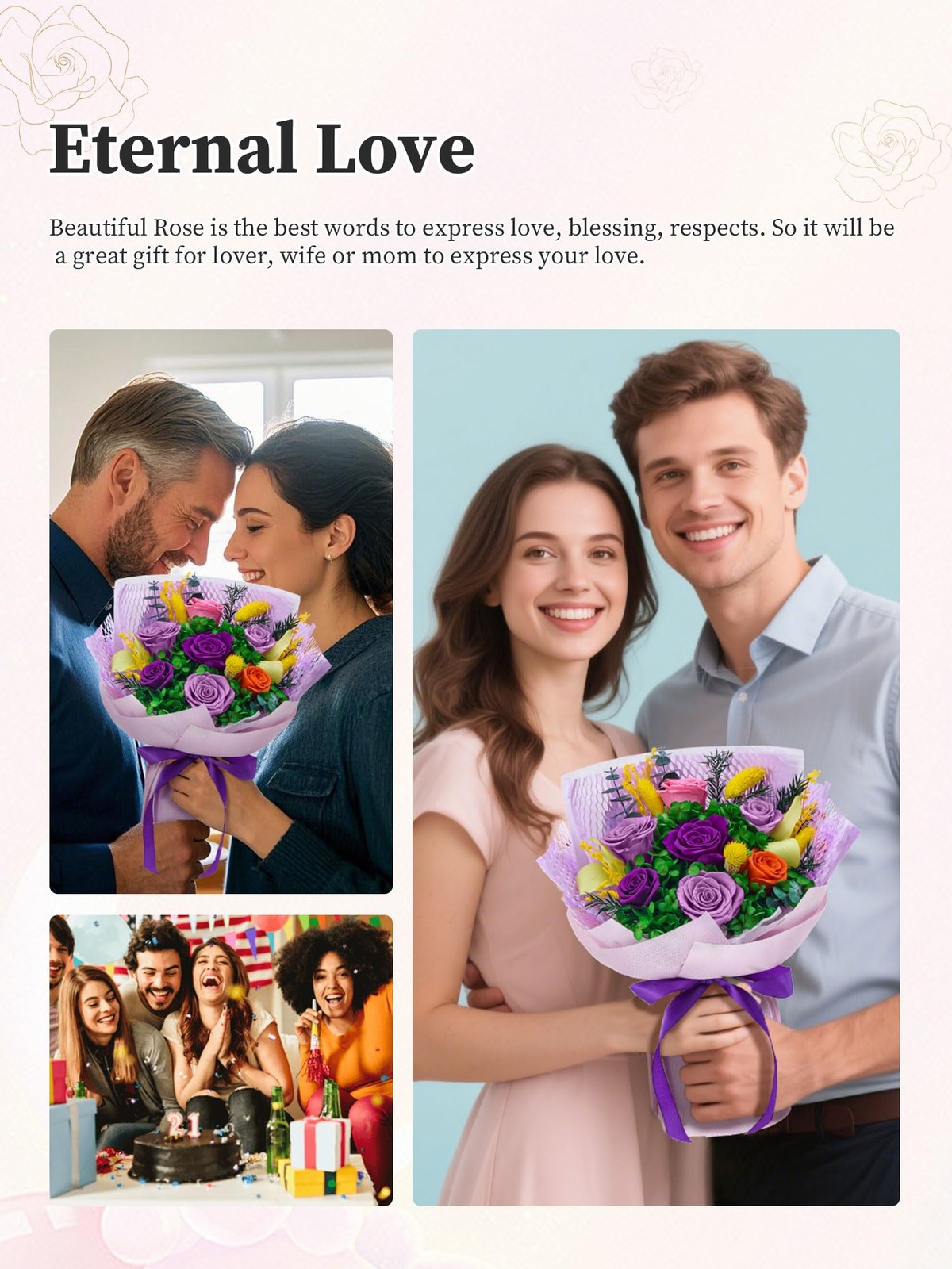 Forever Flowers for Delivery, Preserved Flowers Bouquet,Eteranl Rose,Purple