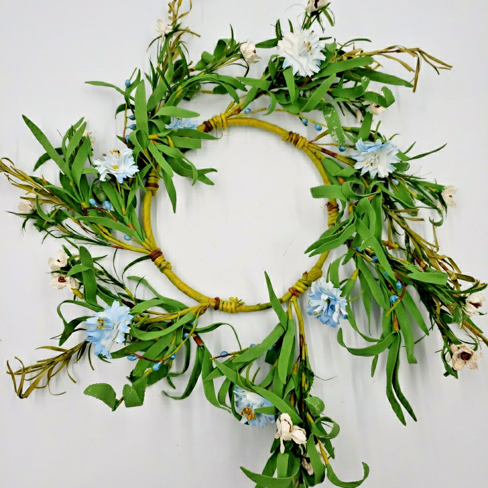 Primitive Floral Candle Ring Wreath Blue Flower Pips Cottage Spring Summer 6″ id