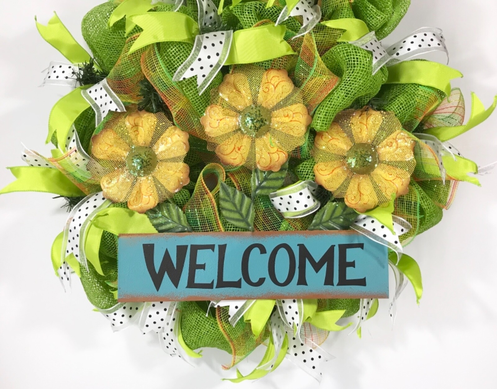 SUMMER WREATH GREEN DECO MESH YELLOW DAISY FLOWERS METAL WELCOME SIGN RIBBONS