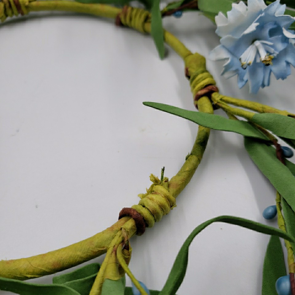 Primitive Floral Candle Ring Wreath Blue Flower Pips Cottage Spring Summer 6″ id