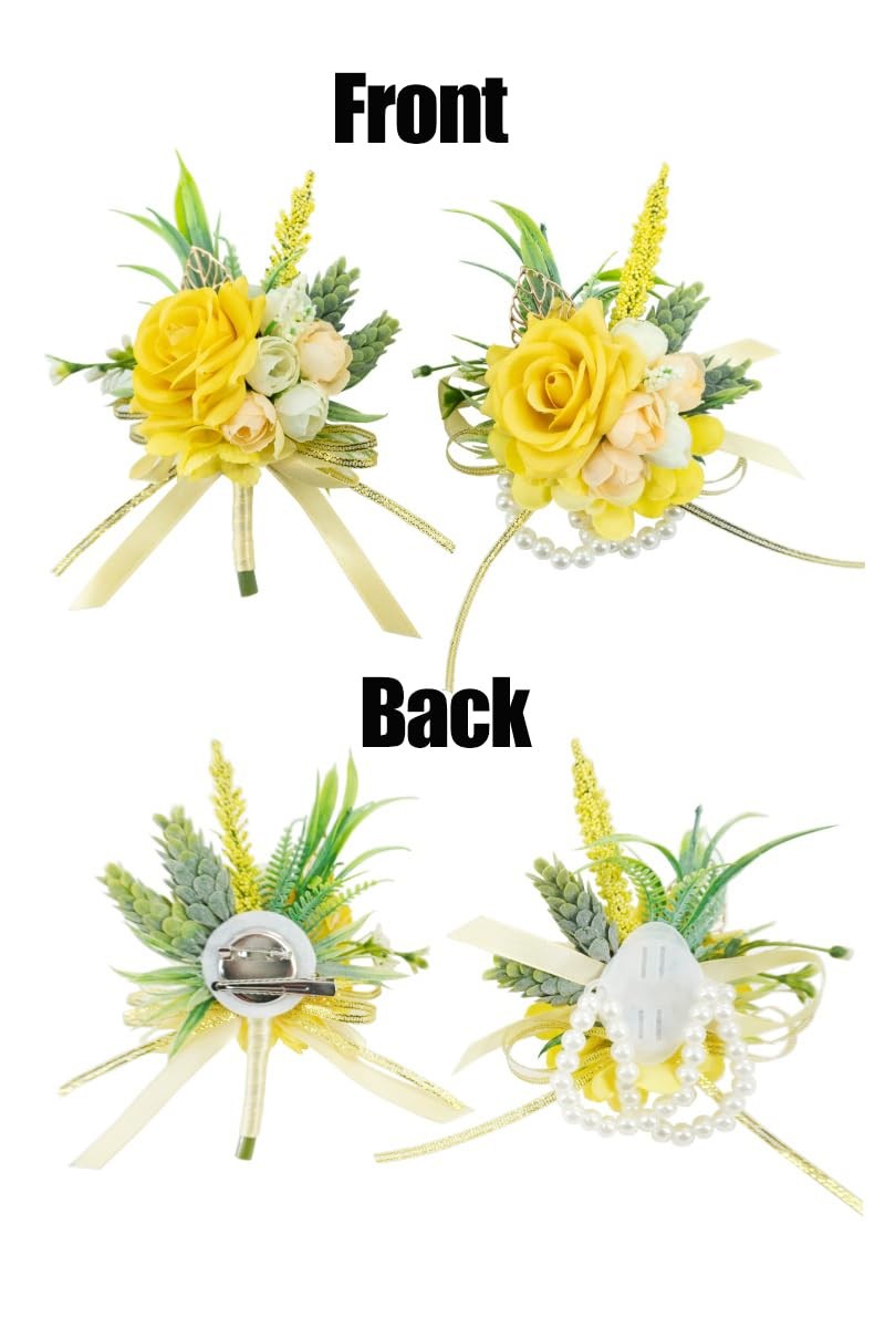 2 Pcs Wrist Corsage and Boutonniere Set, Yellow Corsage for Wedding, Boutonni