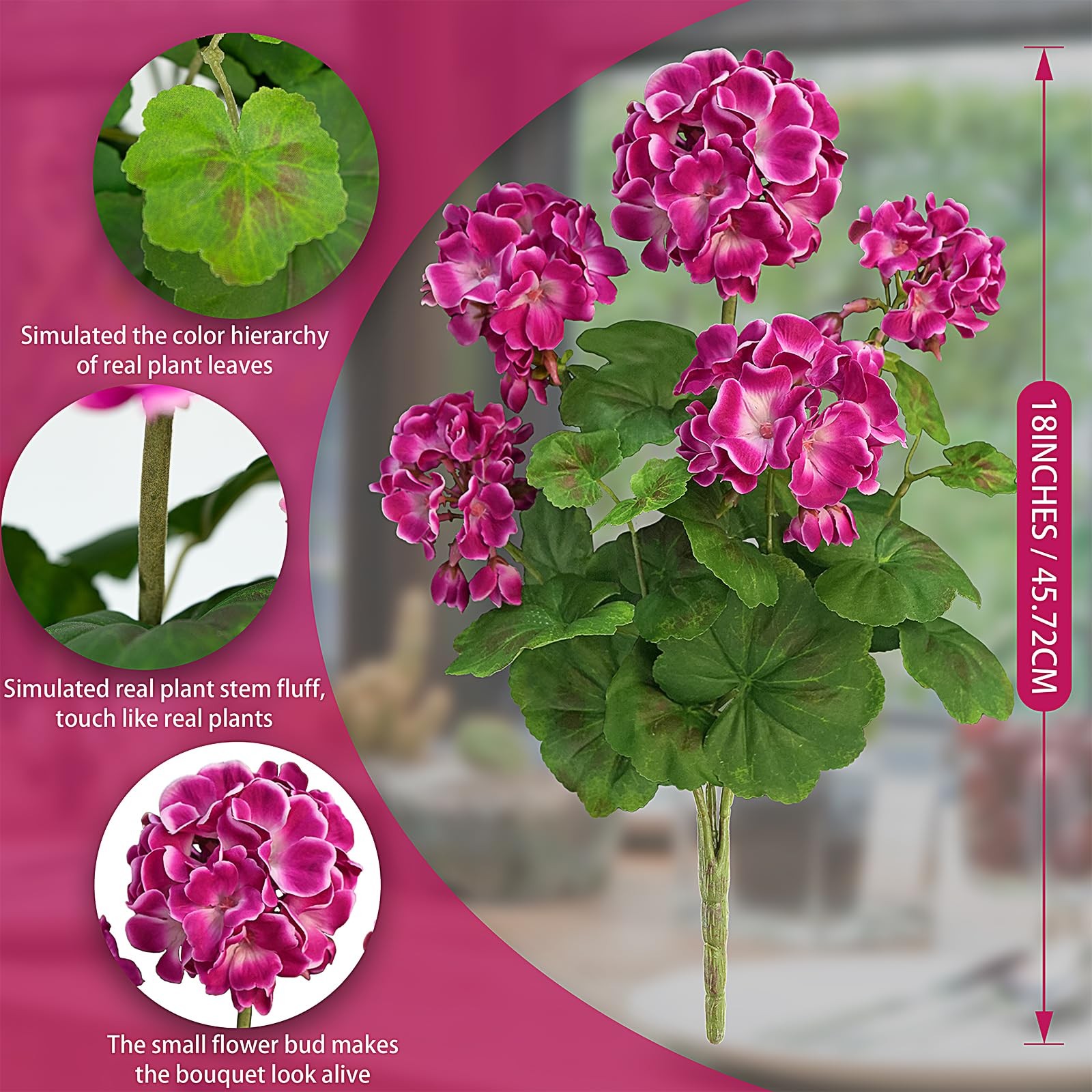 2 PCS 18″ Artificial Geraniums for Outdoors, UV Resistant Magenta Silk Flower…