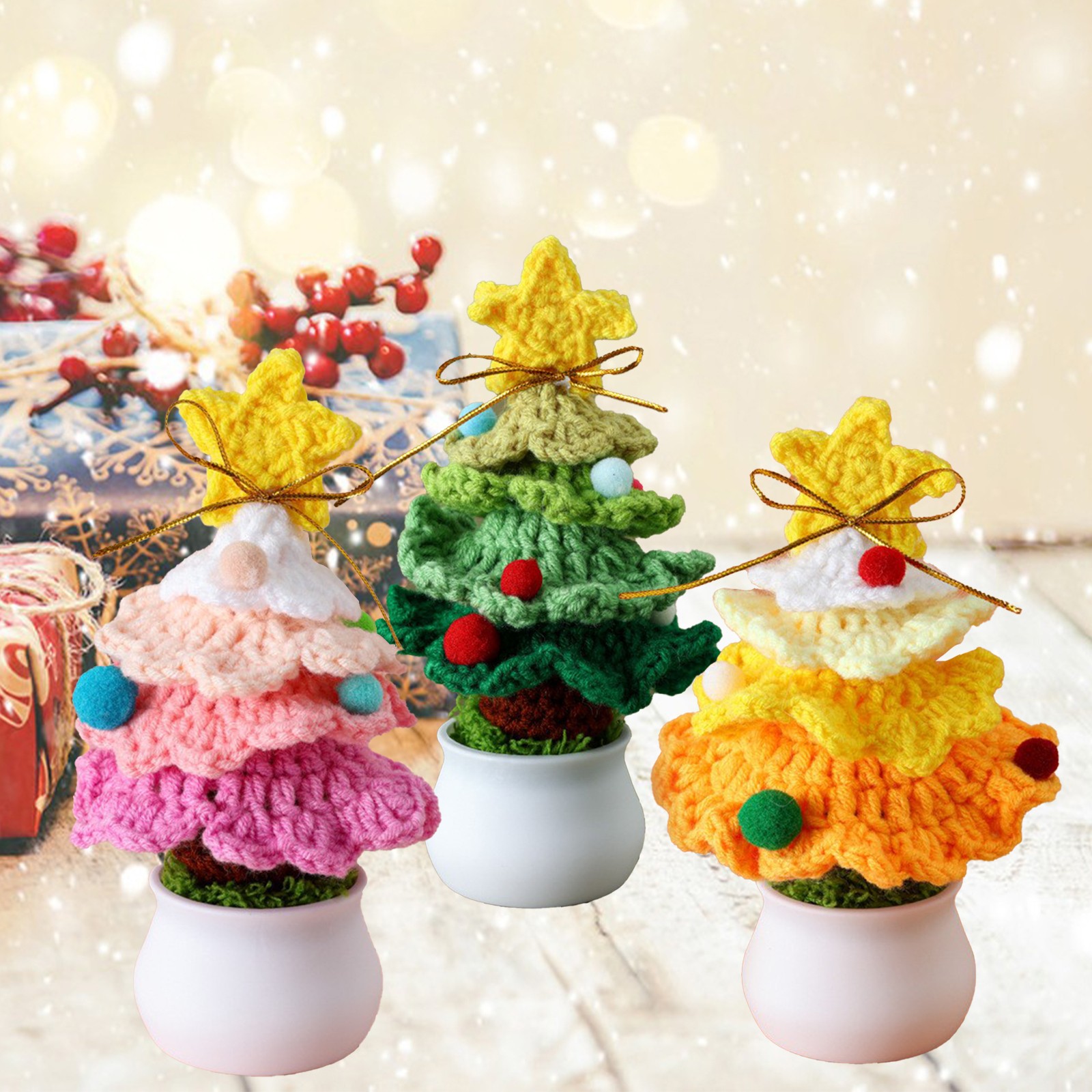 ↑Knitted Mini Xmas Tree Simulation Crochet Xmas Tree Bonsai Ornament For Mall