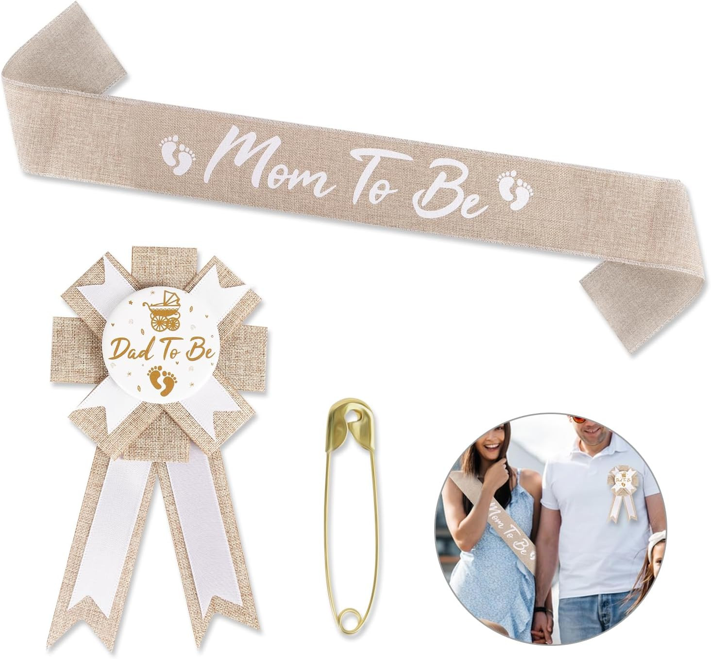 Rustic Boho Mom to Be Sash & Daddy to Be Badge Pins for Baby Shower Gender Revea