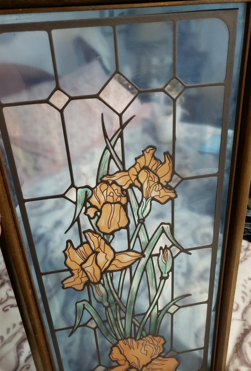Peach Iris Blue Background Stained Glass Look 23″H x 11.5″W Framed
