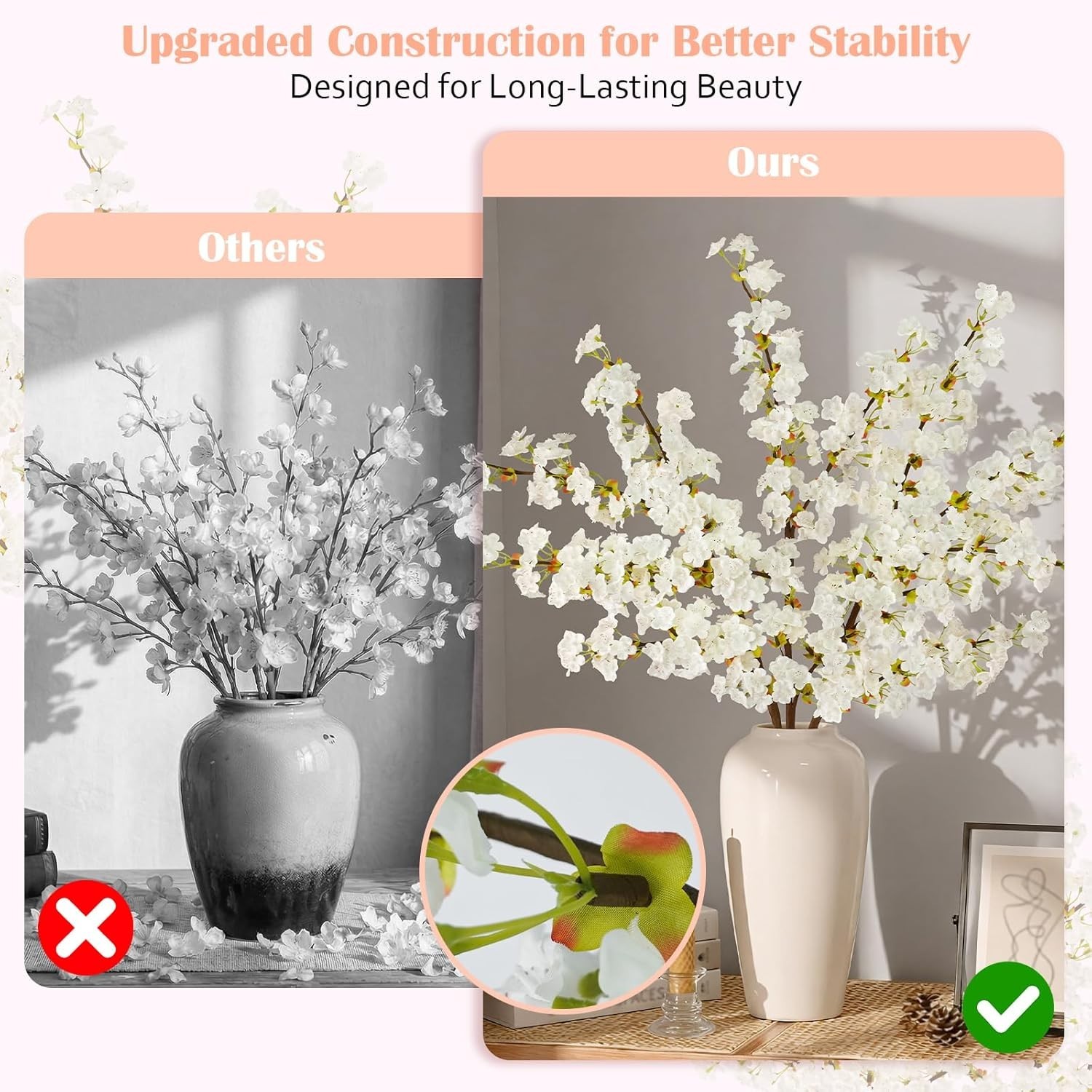 Artificial Silk Cherry Blossom Flowers – 39.3in Stems, Lifelike for All Seasons