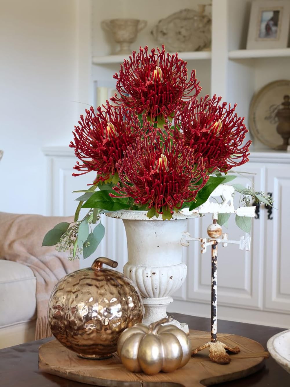 3Pcs Red Artificial Flowers Mums Fall Spider Mum Flower Silk 28.3” Long Stem…