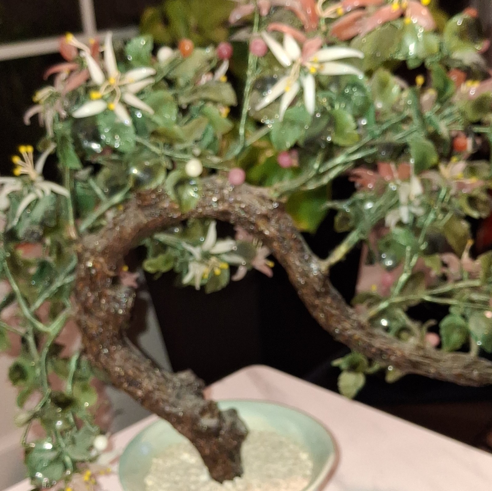 Vintage XLarge Chinese Jade Quartz Bonsai Tree Celadon 19×36” CHERRY Blossoms.