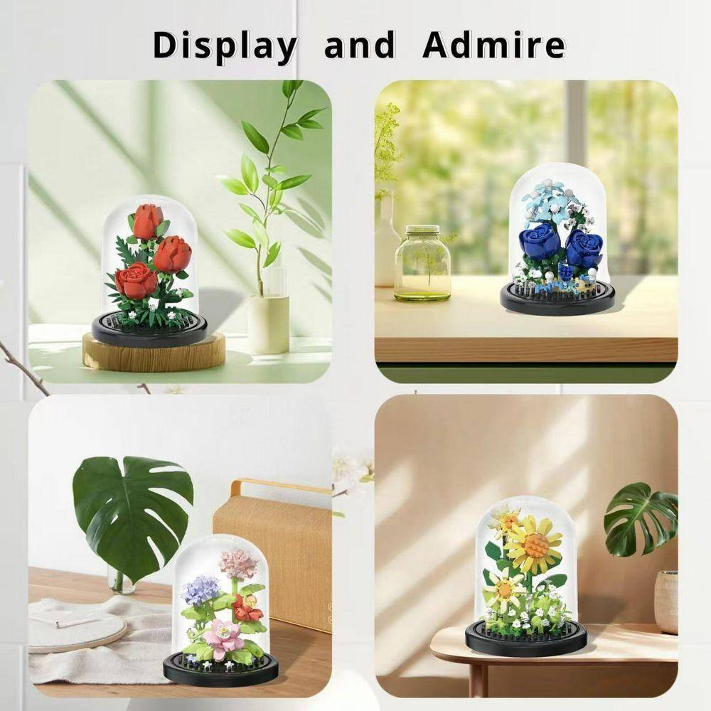 Artificial Flower Bonsai Tree Micro Building Blocks Kit with Dust Cover, Botanic