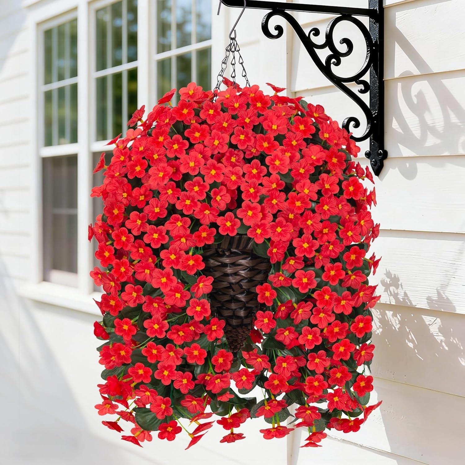 Vibrant Red Hanging Flowers in Sturdy UV-Resistant Basket – -Round Charm