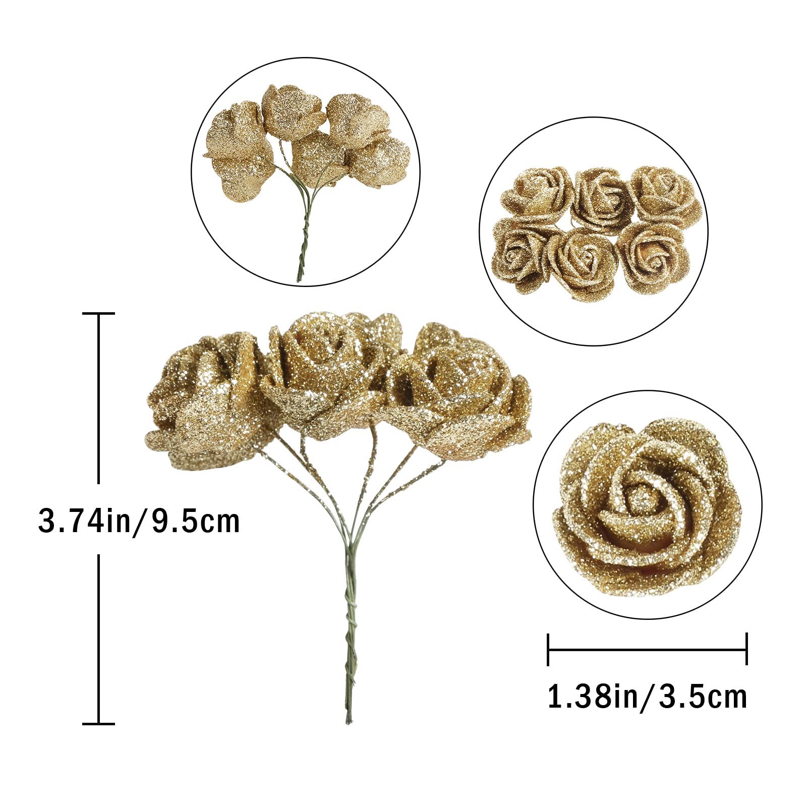Gold Roses,72pcs Mini Roses 1.37in Glitter Roses Gold Flowers with Stems for …