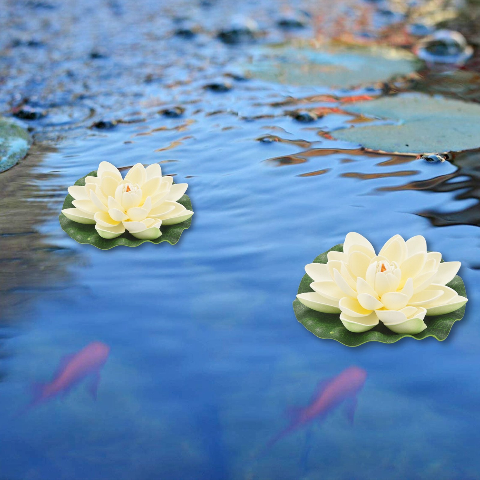 6Pcs Artificial Floating Foam Flowers,With Water Lily Pad Ornaments,Ivory2894