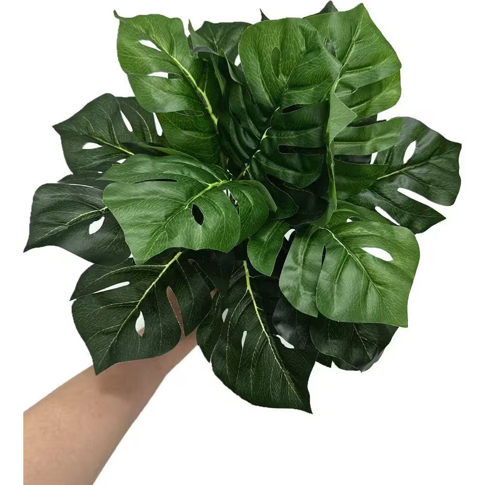 12 In. Artificial Green Indoor/Outdoor Tropical Monstera Plant Faux Palm Leaves