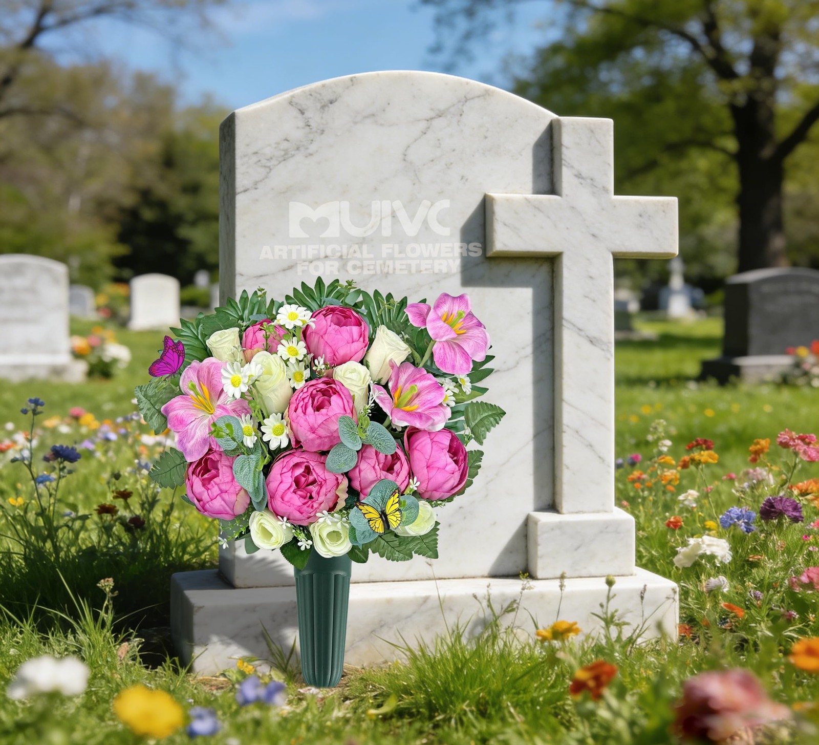 Artificial Cemetery Flower with Vase for Grave – Hibiscus Rose Daisy, Easy Fit