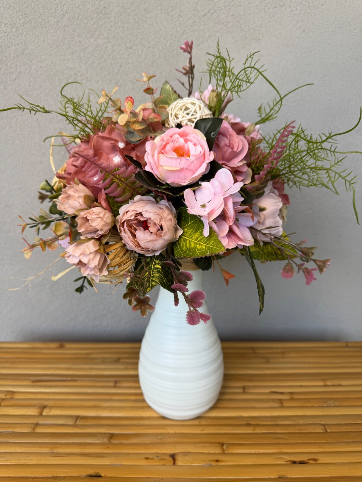 Soft pink flower arrangement in a vase , width 12’, height 14’, home decor