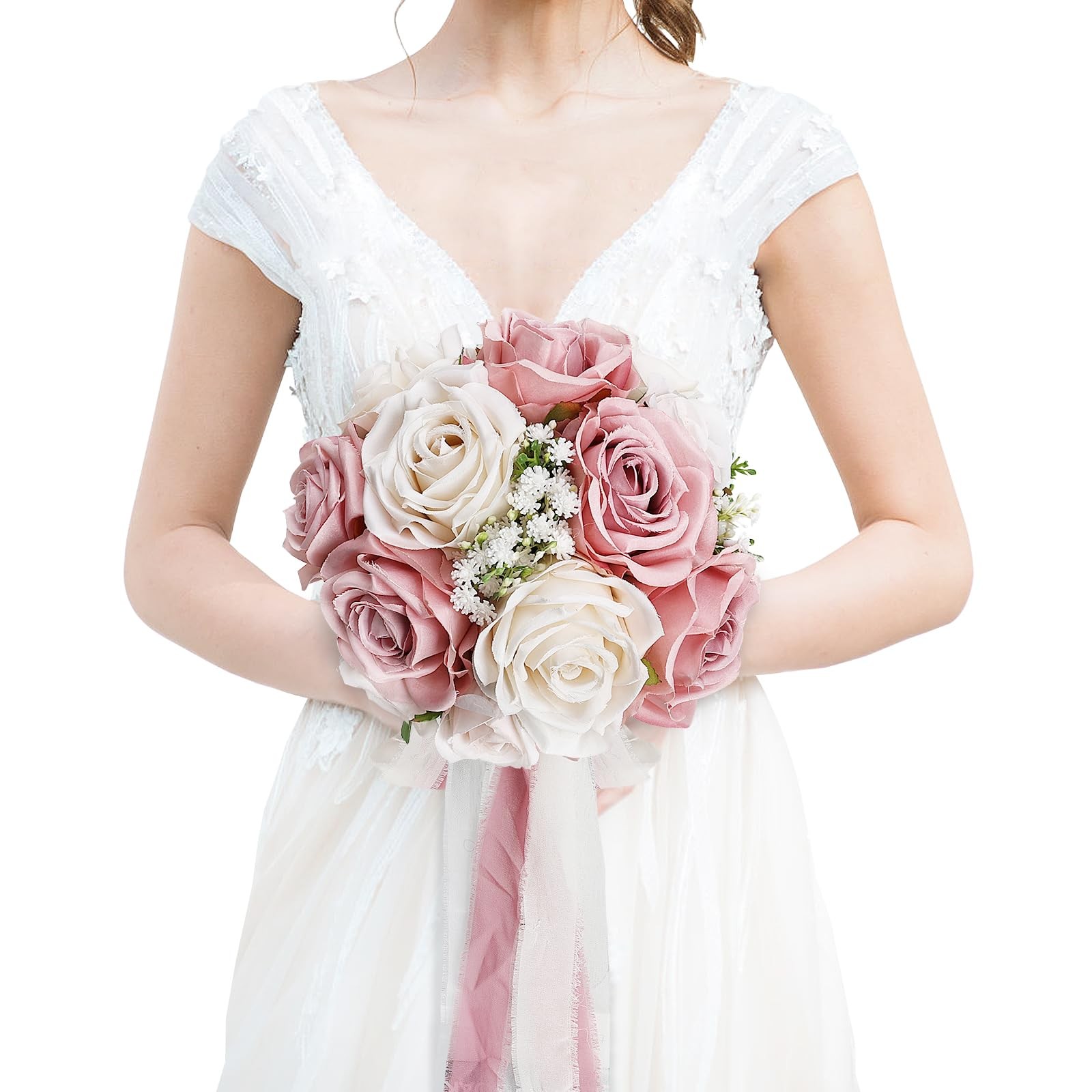Dusty Pink White Premade Artificial Roses Wedding Bouquet Bridal Ceremony Decor