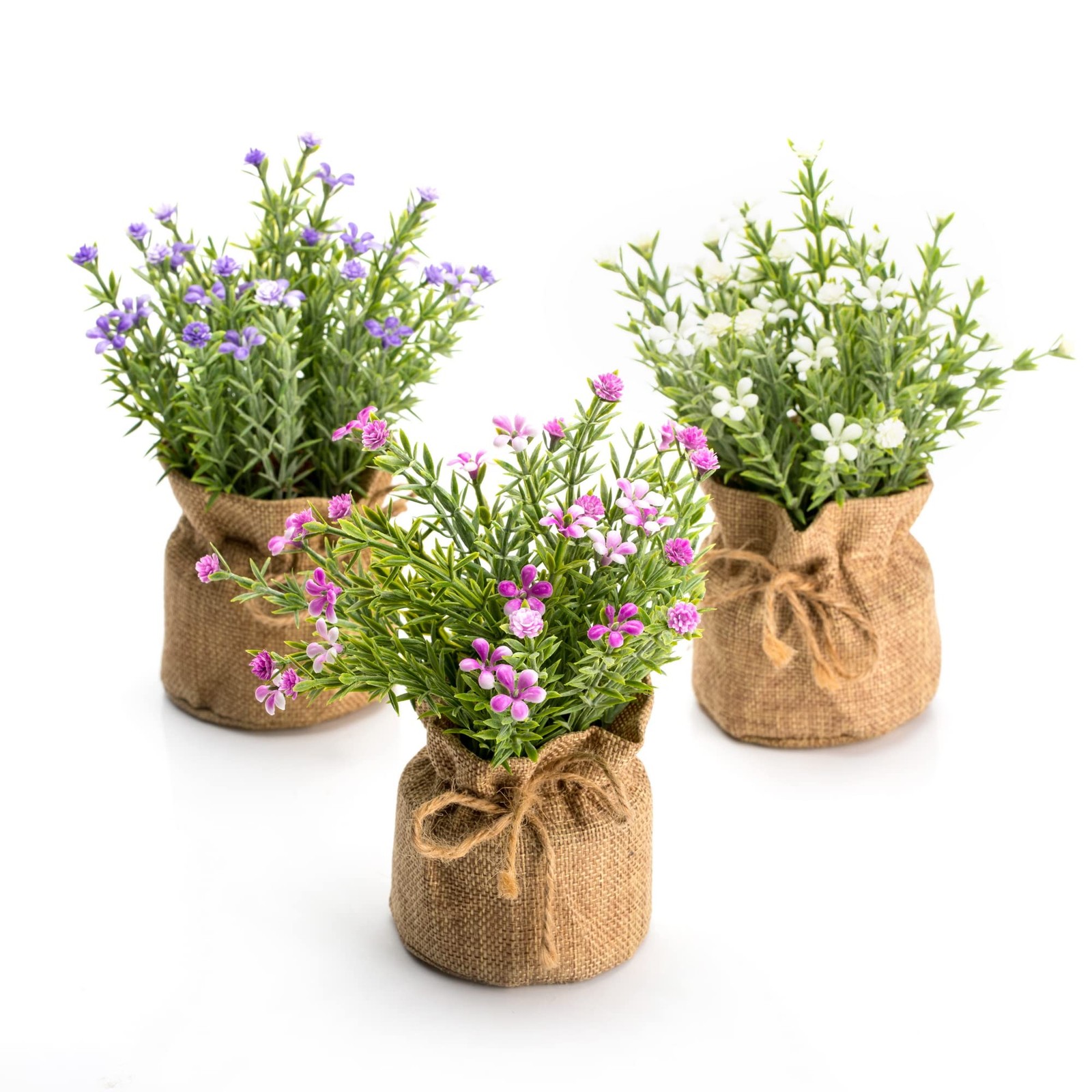 Velener Babys Breath Artificial Flowers in Small Burlap Bag Vases 3Pcs -Gypso…