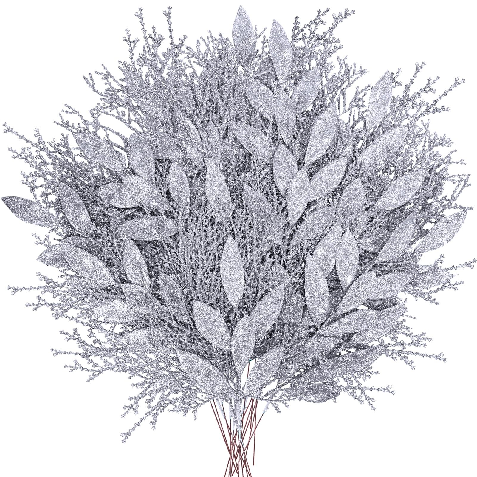 30 Pcs Christmas Artificial Leaf Sprays Cedar Picks Silver Glittered Christma…
