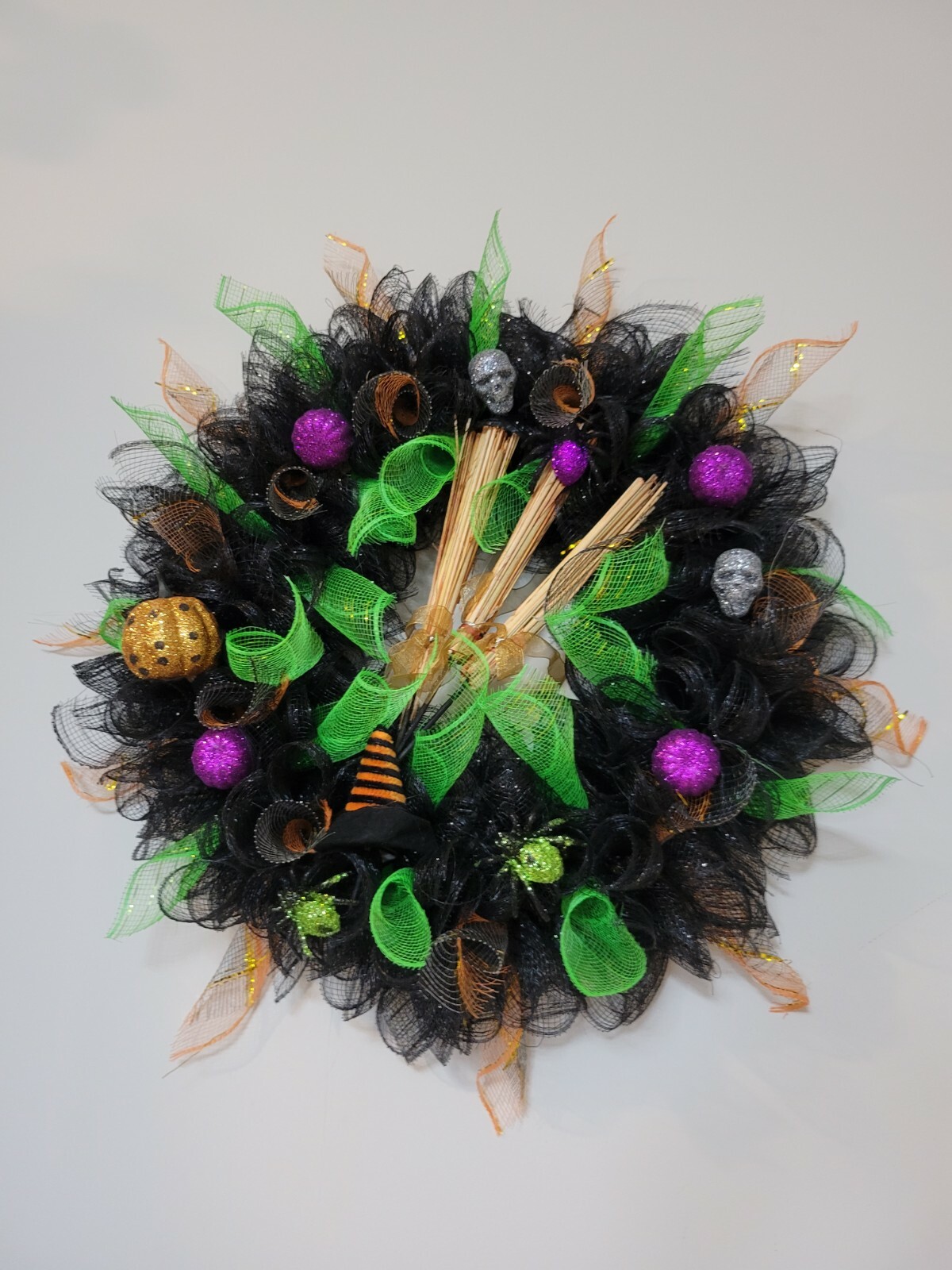 Halloween Deco Mesh Front Door Wreath Wall Decoration 18″ purple green black