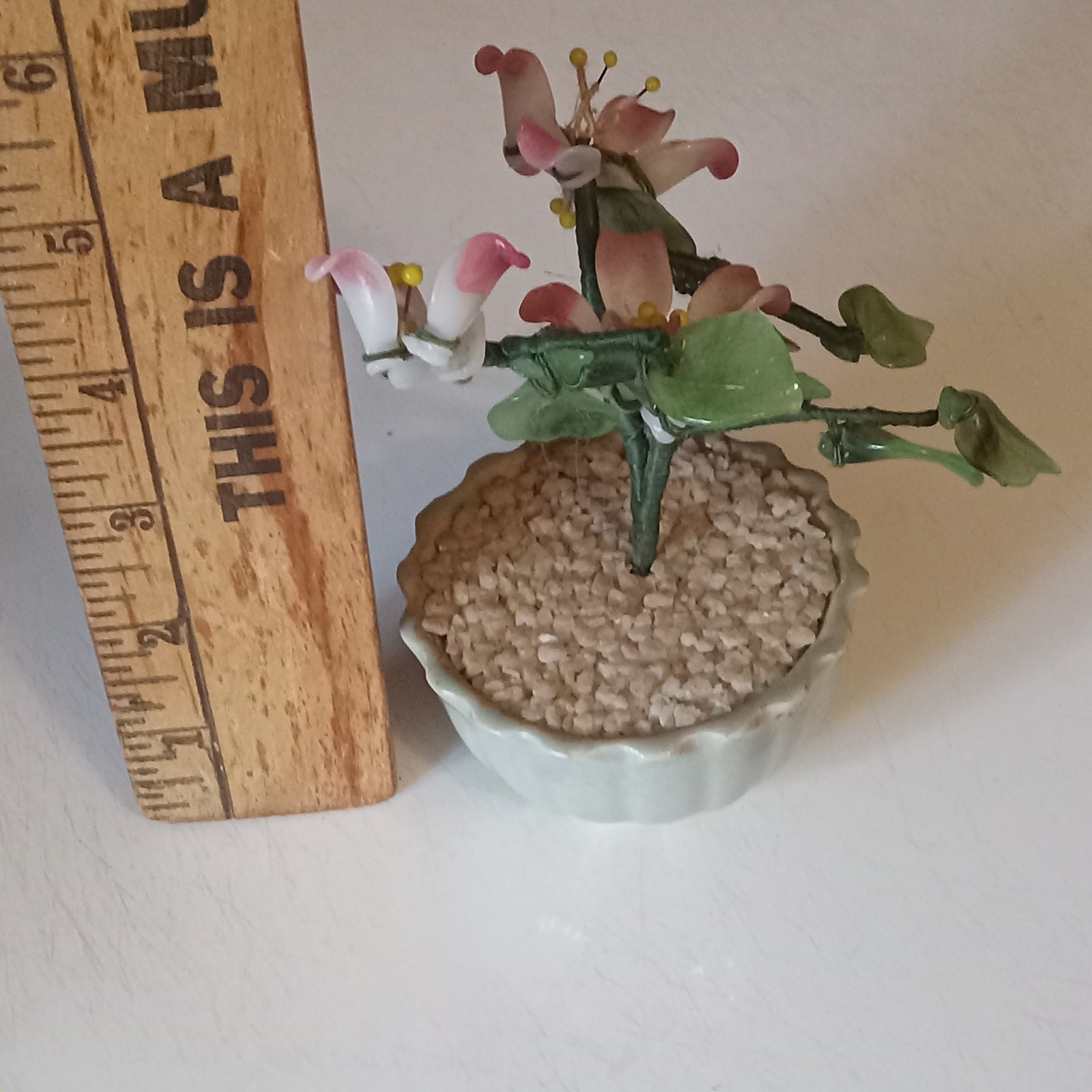 Vintage Chinese Rose Art Glass Flower Bonsai Tree With Glass Pedals