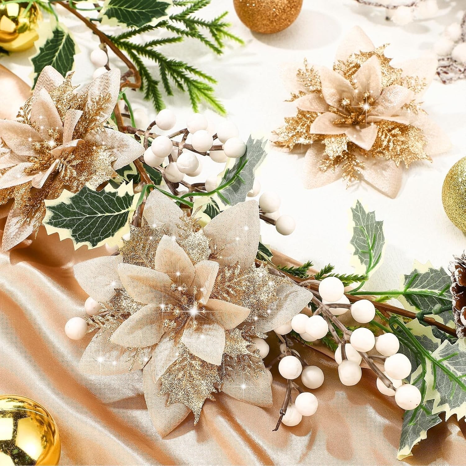 36 Flores De Nochebuena Artificiales Decorativas Con Clips, Oro Champán NEW US.