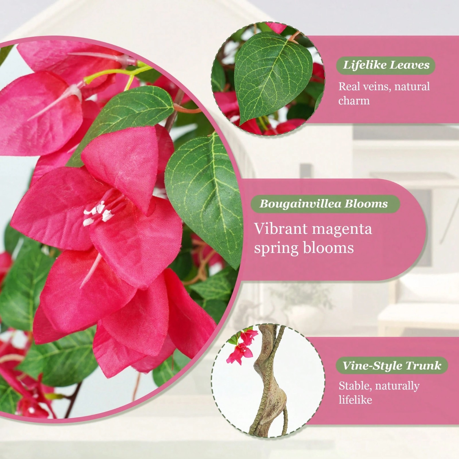 Artificial Bougainvillea Tree Pink Flowers Faux Plant 3 4 5 FT Indoor Outdoor