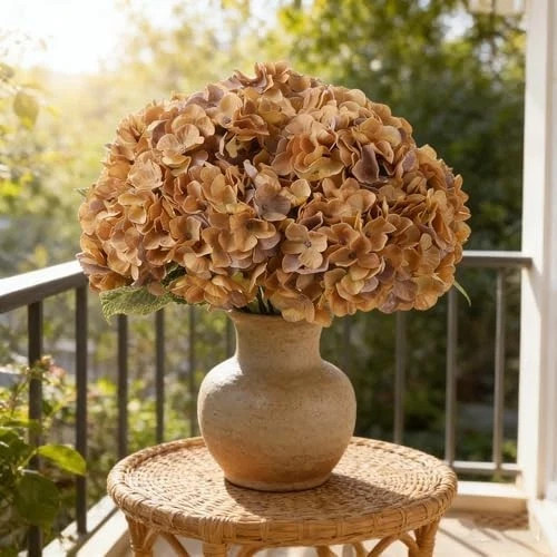 2 Bouquets Faux Hydrangea Flowers Vintage Artificial Silk Hydrangeas Coffee