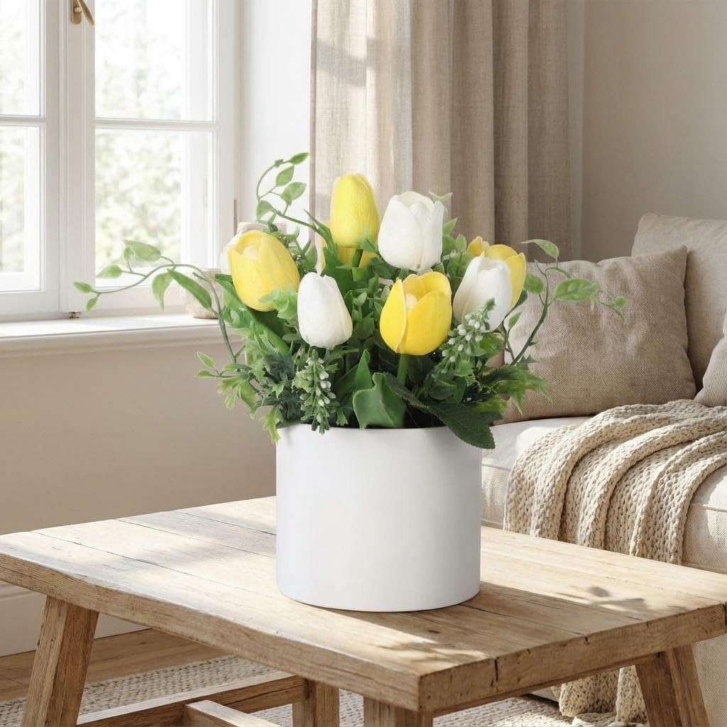 10 Pcs Artificial Tulips in Ceramic Vase, Faux Tulip Flower Arrangement, Pott…