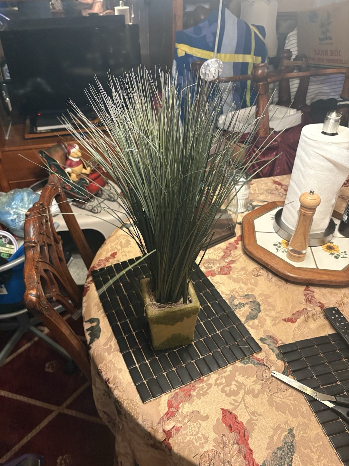 Faux Onion Grass Arrangement in Moss Ceramic Square Pot Rustic Home Decor 24″
