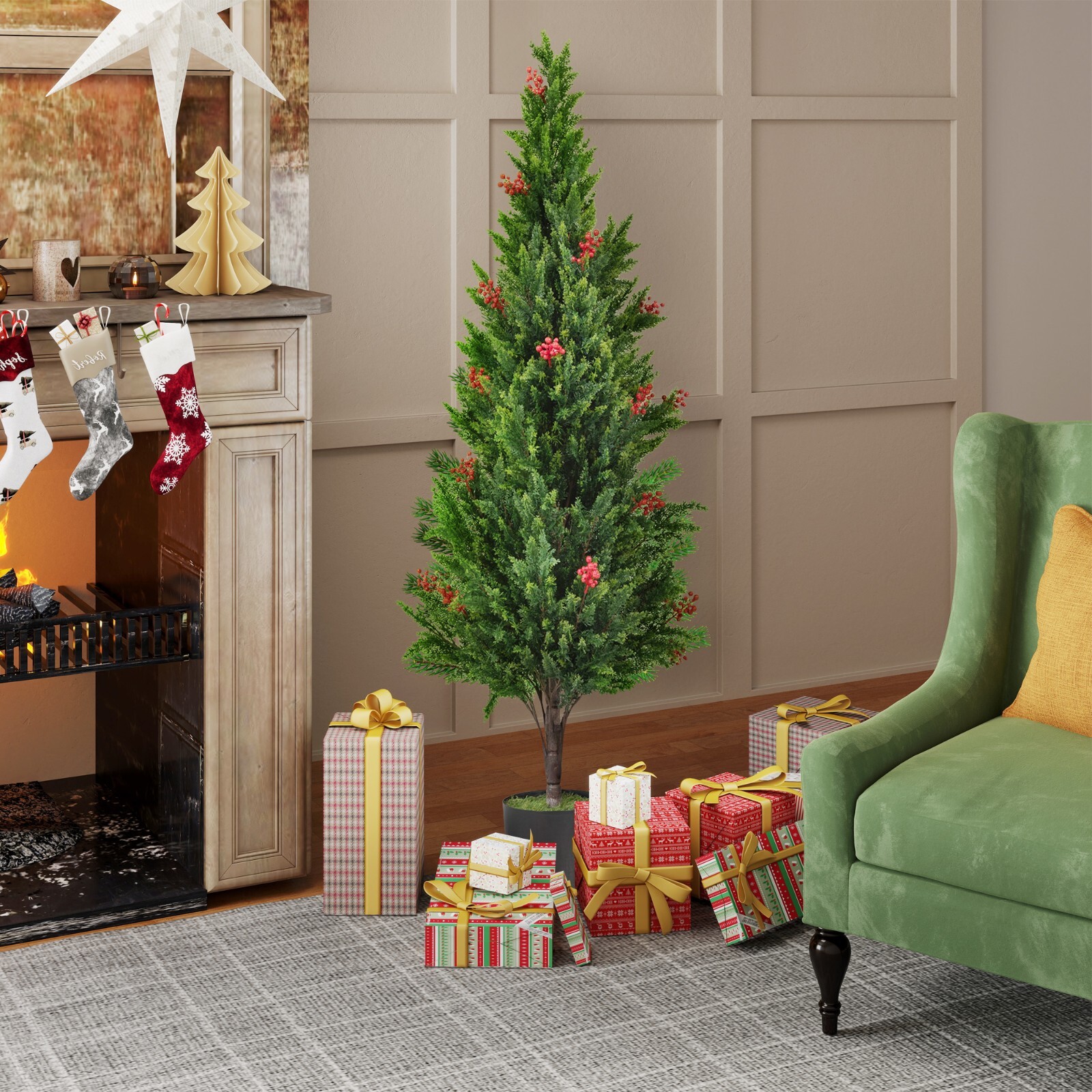 2-Pack 5.25 ft Artificial Cedar Topiary Trees Fake Evergreen Potted Pine Plants