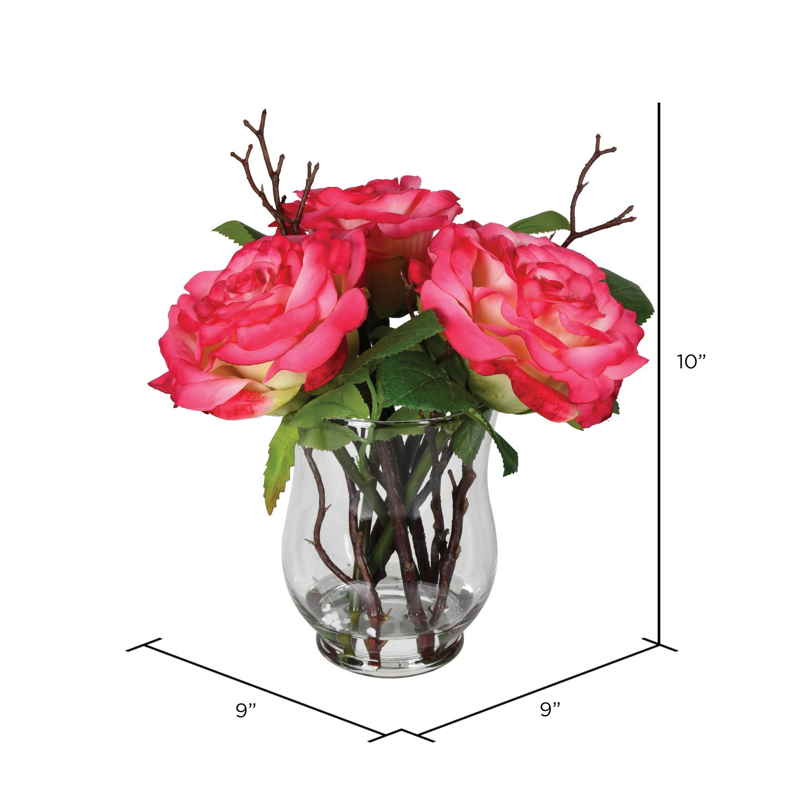 Vickerman 10″ Contemporary Glass Artificial Dark Pink Rose Vase in Clear