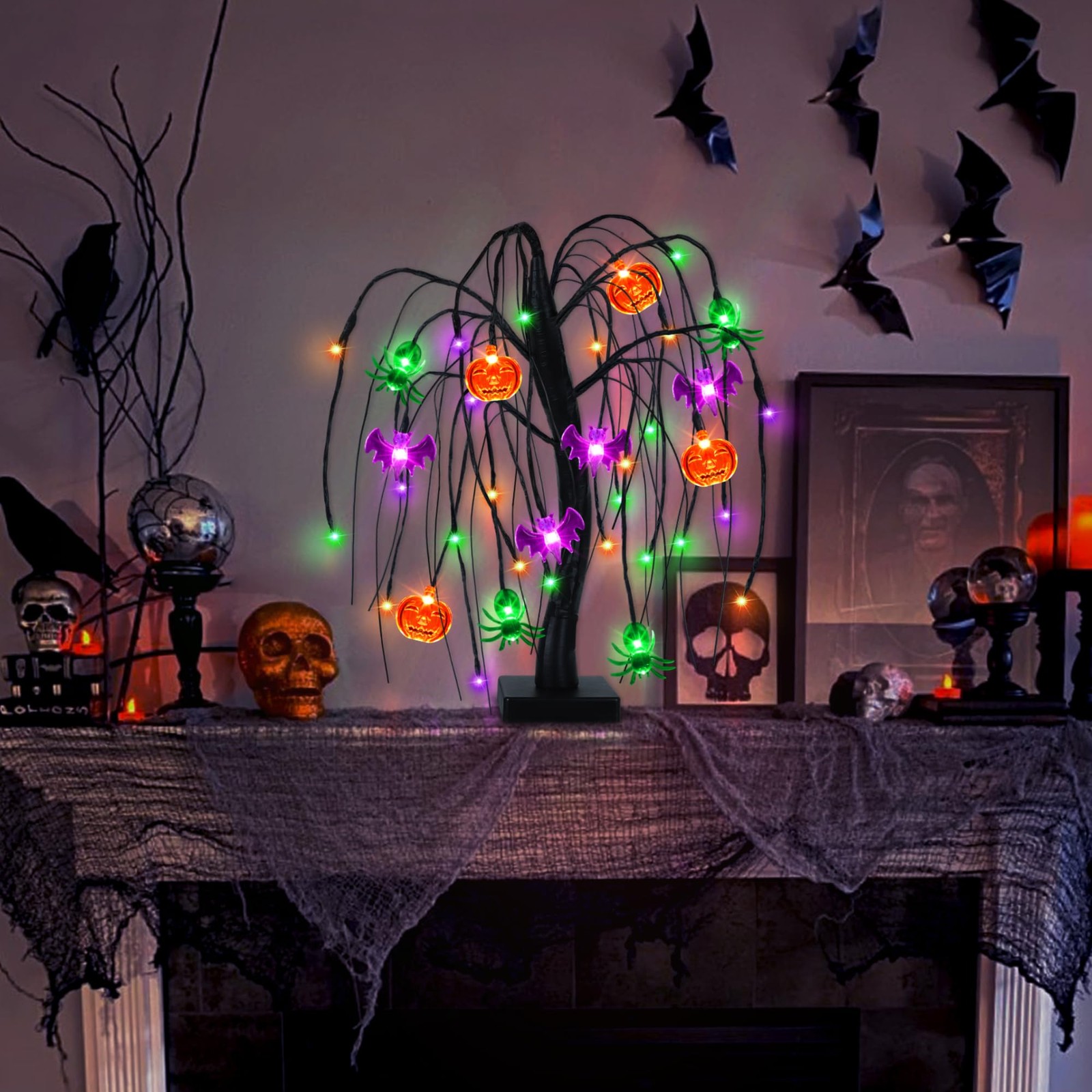 Halloween Table Decor 18 Inch 36 LED Halloween Willow Tree with Pumpkin Bat S…