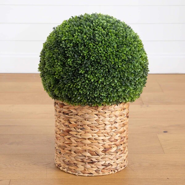 24” Artificial Boxwood UV Resistant Ball Topiary in Weave Basket Indoor/Outdoor