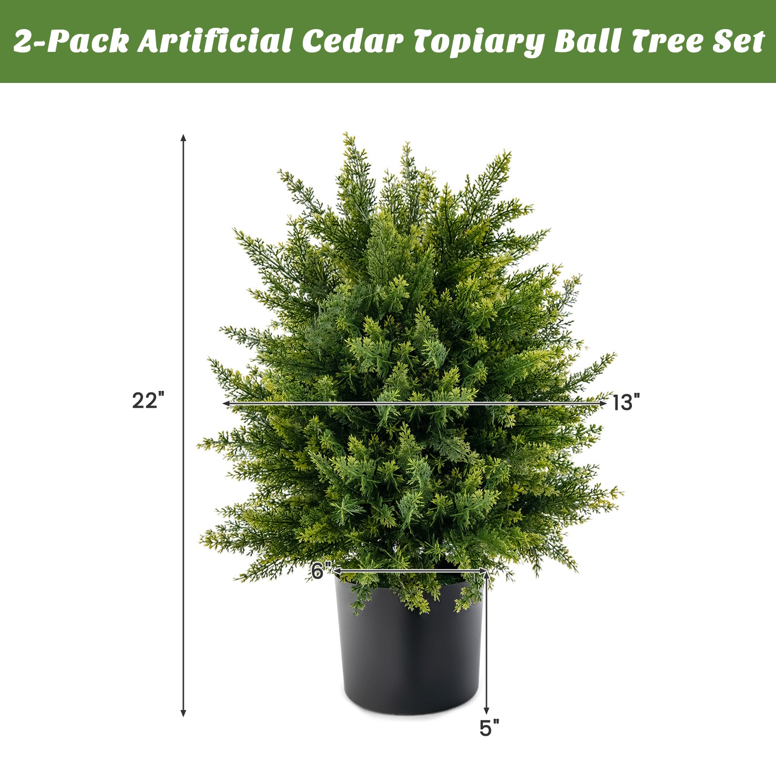 22″ Artificial Cedar Topiary Ball Tree 2-Pack Faux Shrub Bush Trees for Decor