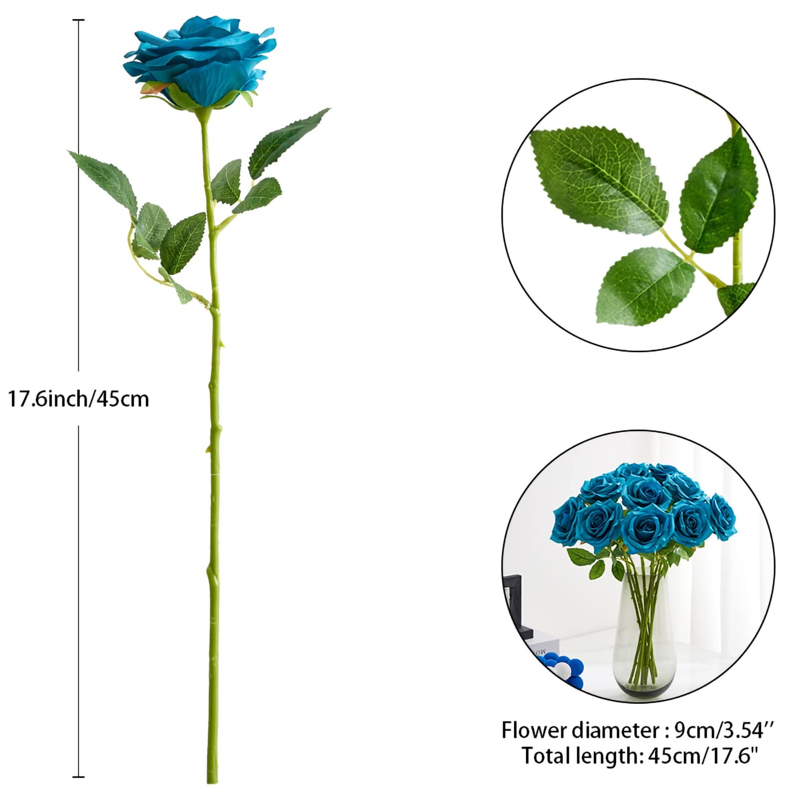 Teal Artificial Rose 10pcs Open Flower Bouquet Faux Rose Stems Turquoise Blue