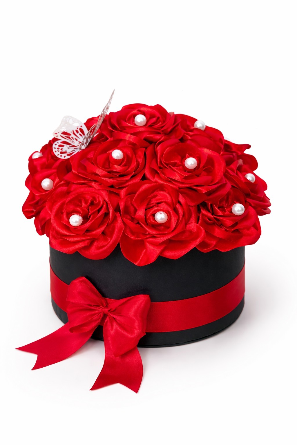 Red Artificial Rose Flower Arrangement in Black Box with Bow, Butterfly