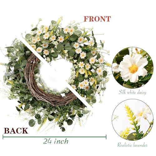 Daisy Wreath 24 Inch with Fake Silk Floral Green Eucalyptus Leaves and White