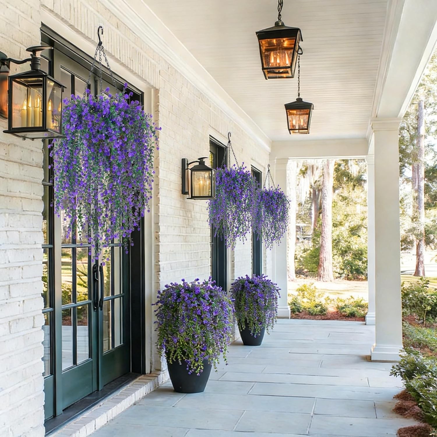 2 Set Artificial Flower Hanging Baskets for Outdoors, UV Resistant Purple