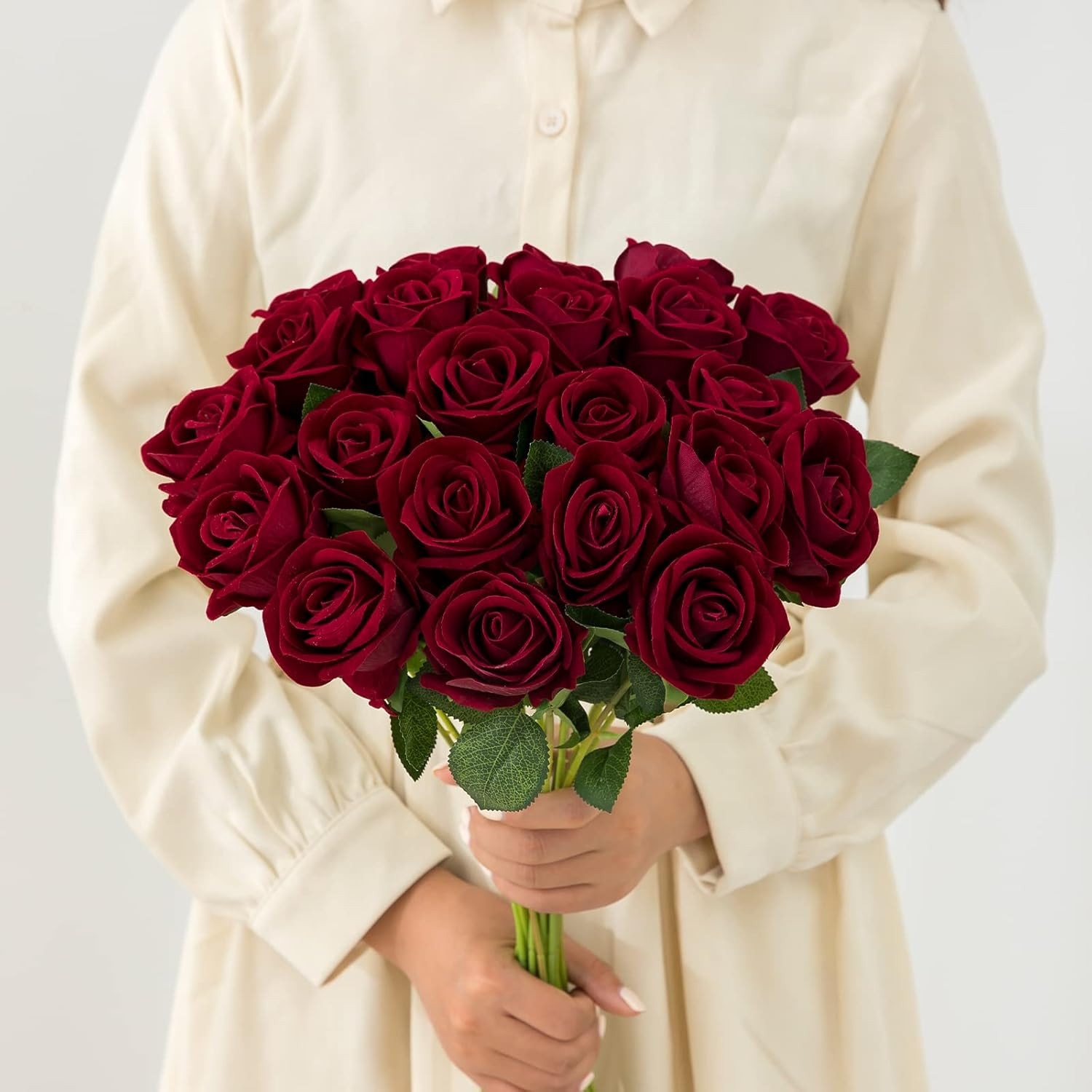12PCS Artificial Flowers Fake Roses, Realistic Velvet Long Stem Red Roses Bouque