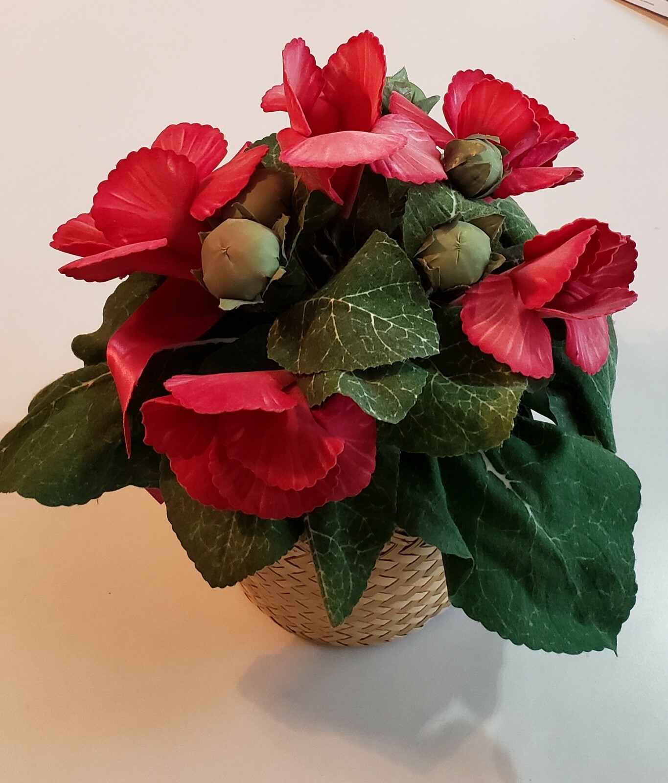 Artificial House Plant in Woven Basket Pink Flower Blooms Floral Decor Unusual