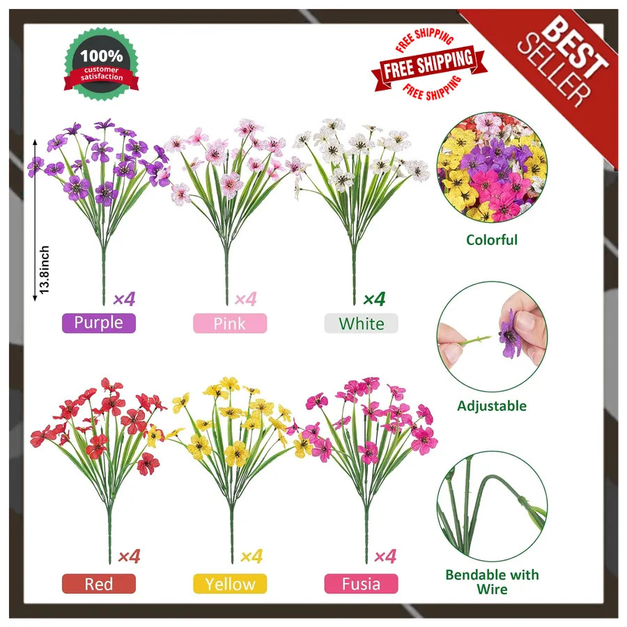 24 Bundles Artificial Flowers UV Resistant Silk Fake Plants for Indoor Outdoor