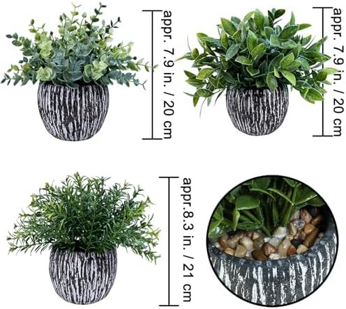 Set of 3 Artificial Potted Plants Faux Eucalyptus Rosemary Boxwood Greenery in B