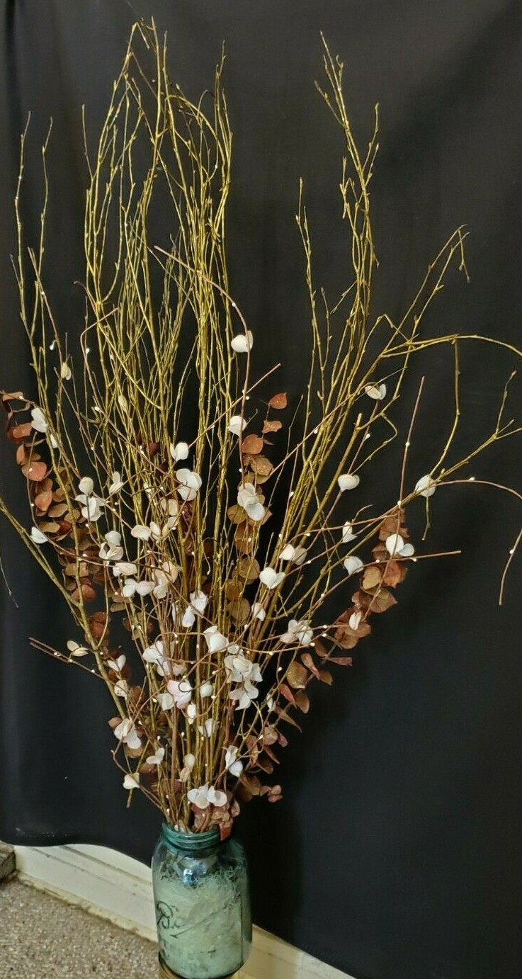 White & Pink Blossoms, Red Eucalyptus & Gold Painted Branches in a Mason Jar
