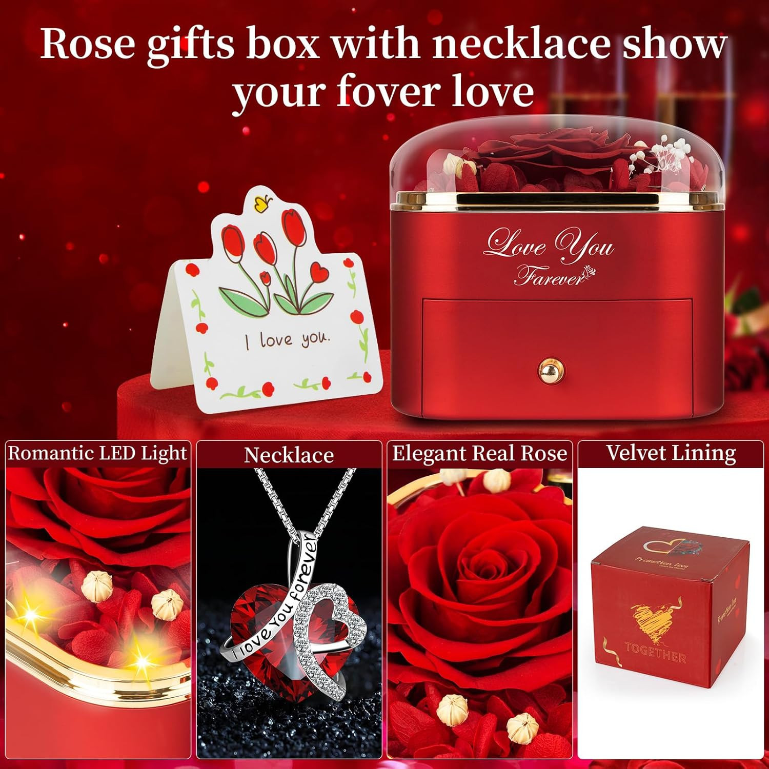 Preserved Red Real Rose with Heart Necklace -Eternal Flowers Rose Birthday Gifts
